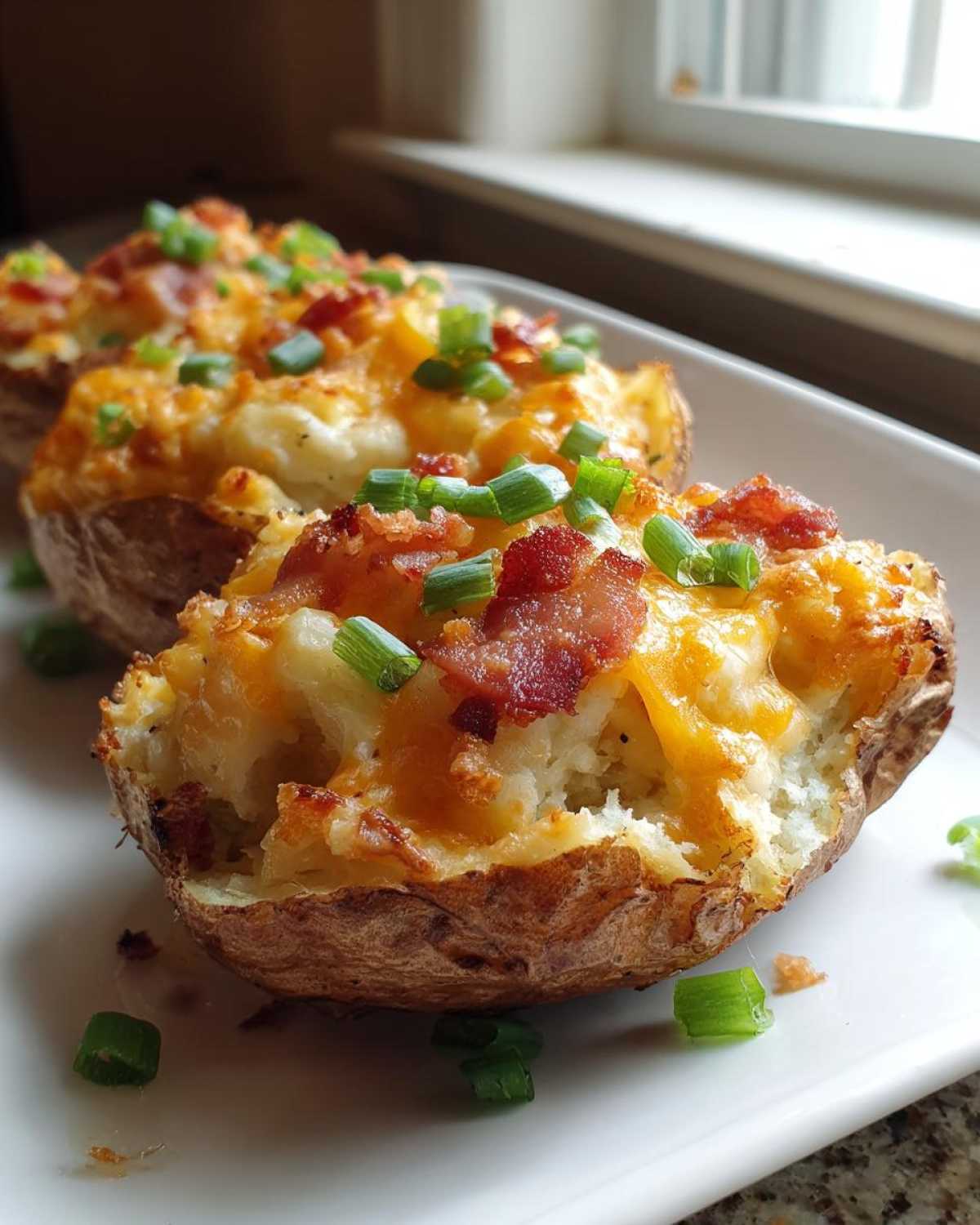 Close-up of delicious twice baked potatoes stuffed with cheese, bacon, and green onions on a white platter.