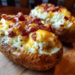 Close-up of a delicious twice baked potatoes stuffed with creamy filling, melted cheddar cheese, and crispy bacon bits.