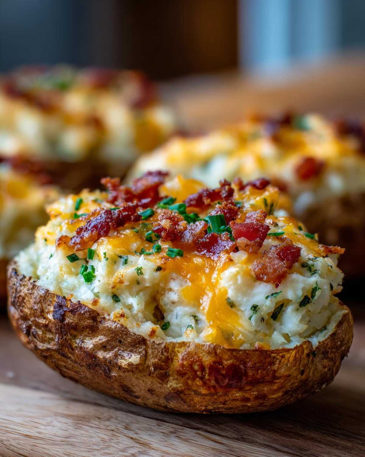A close-up of a delicious twice baked potato stuffed with creamy filling, topped with melted cheddar cheese, bacon bits, and chives.