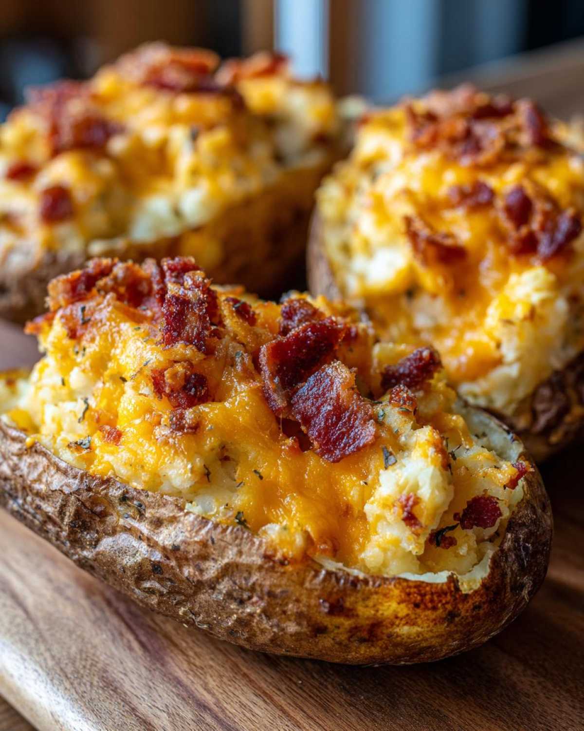 Close-up of three loaded twice baked potatoes topped with melted cheddar cheese and crispy bacon bits.