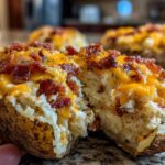 A hand holds a perfectly prepared twice baked potato, split open to show creamy filling, melted cheddar cheese, and crispy bacon bits.