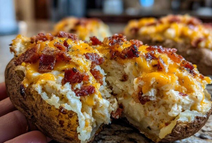A hand holds a perfectly prepared twice baked potato, split open to show creamy filling, melted cheddar cheese, and crispy bacon bits.