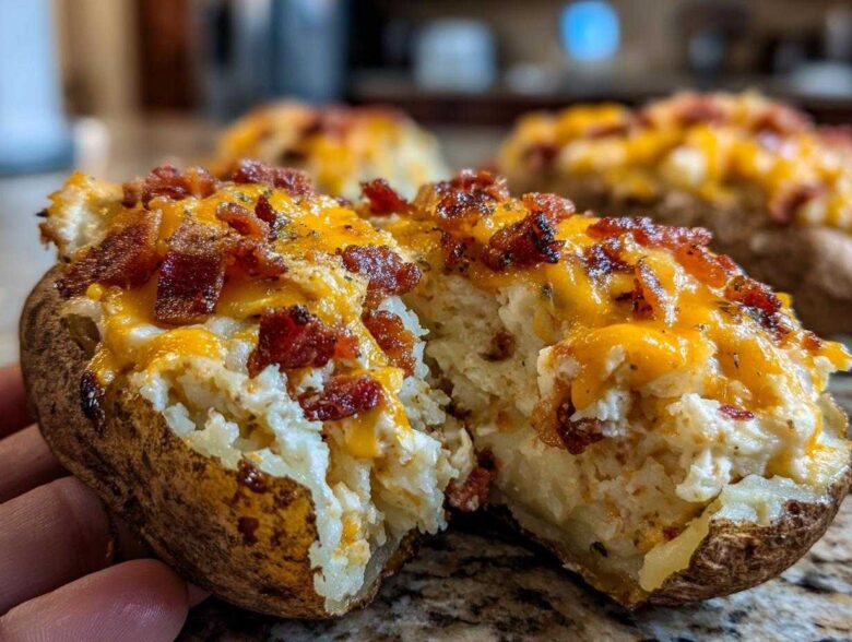 A hand holds a perfectly prepared twice baked potato, split open to show creamy filling, melted cheddar cheese, and crispy bacon bits.