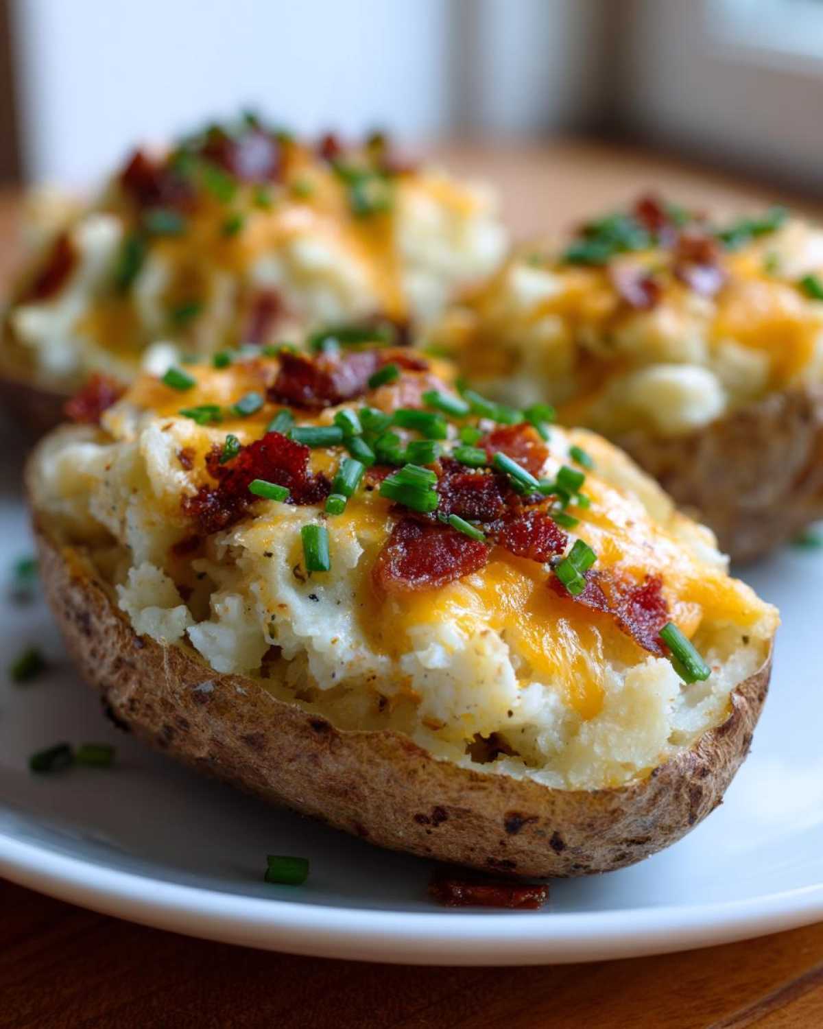 A close-up of a perfectly prepared twice-baked potato, stuffed with creamy filling, melted cheddar cheese, bacon bits, and chives.
