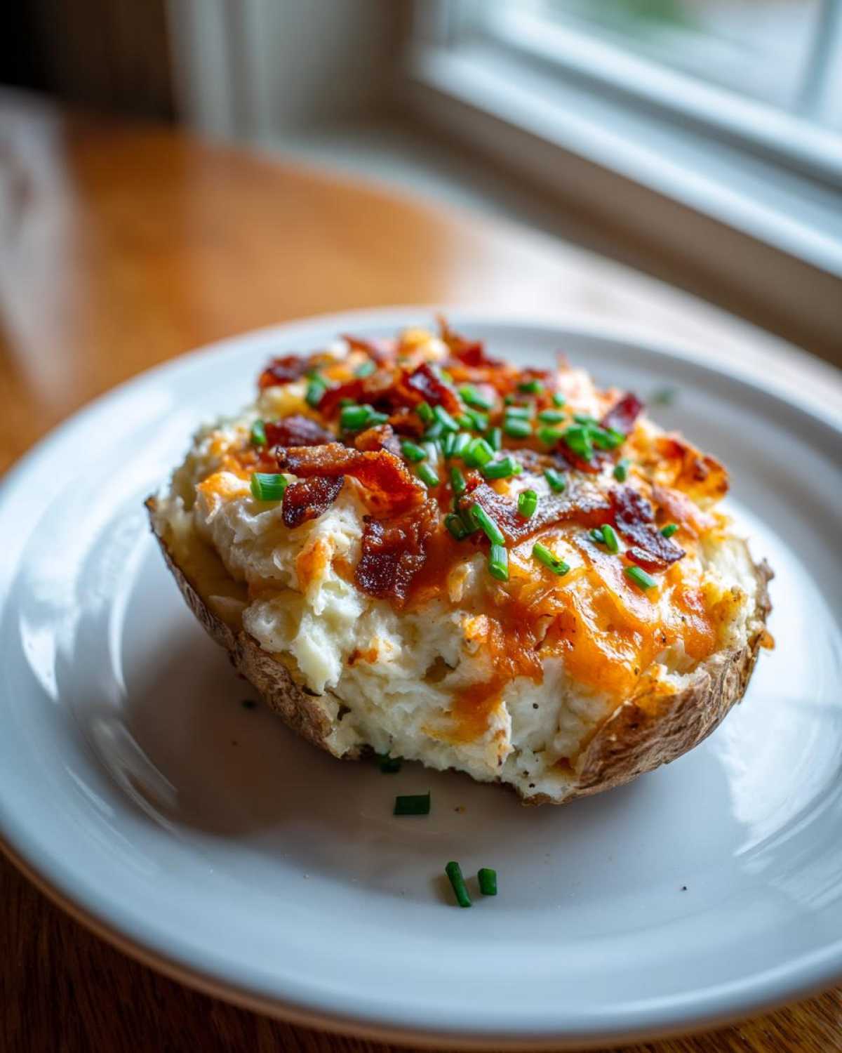 A close-up of a loaded twice-baked potato topped with melted cheddar cheese, crispy bacon, and fresh chives.