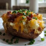 A close-up of a perfectly prepared twice-baked potato topped with melted cheddar cheese, bacon bits, and fresh chives.