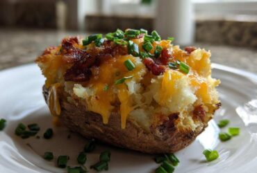 A close-up of a perfectly prepared twice-baked potato topped with melted cheddar cheese, bacon bits, and fresh chives.