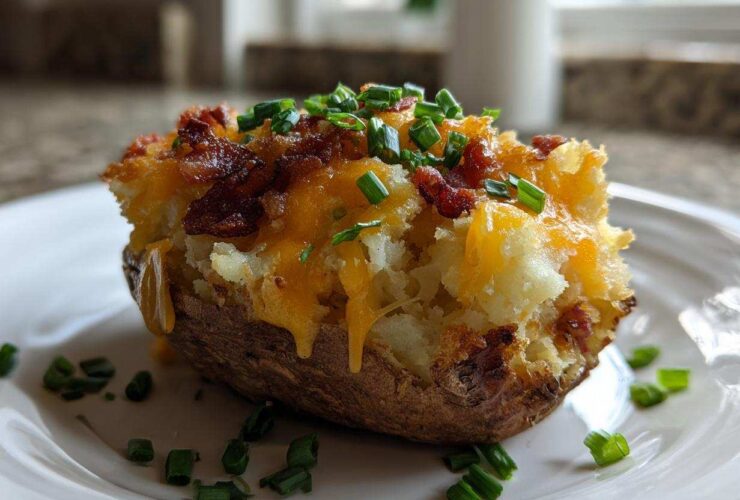 A close-up of a perfectly prepared twice-baked potato topped with melted cheddar cheese, bacon bits, and fresh chives.