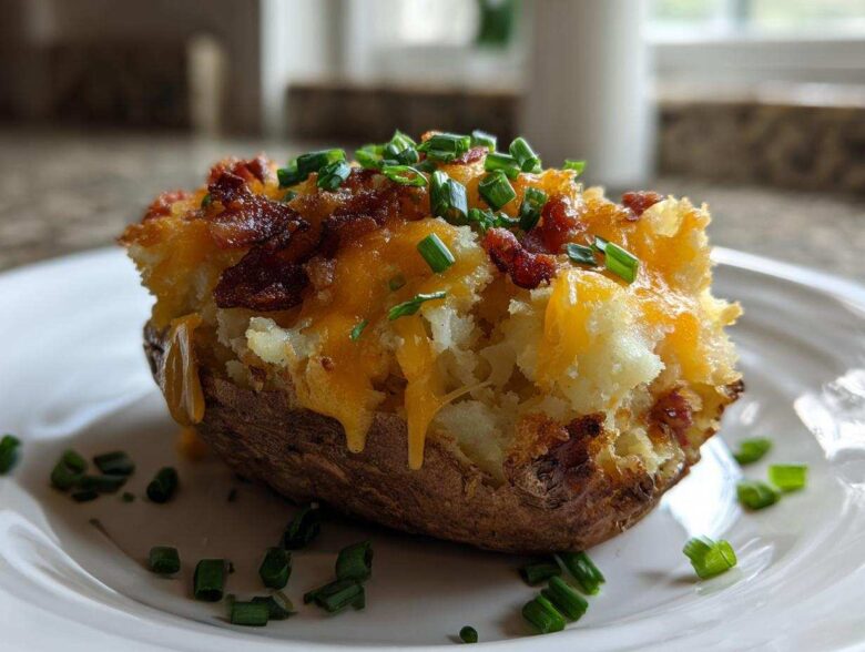 A close-up of a perfectly prepared twice-baked potato topped with melted cheddar cheese, bacon bits, and fresh chives.