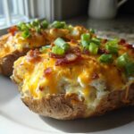 Two delicious twice baked potatoes loaded with melted cheddar cheese, bacon bits, and fresh green onions.