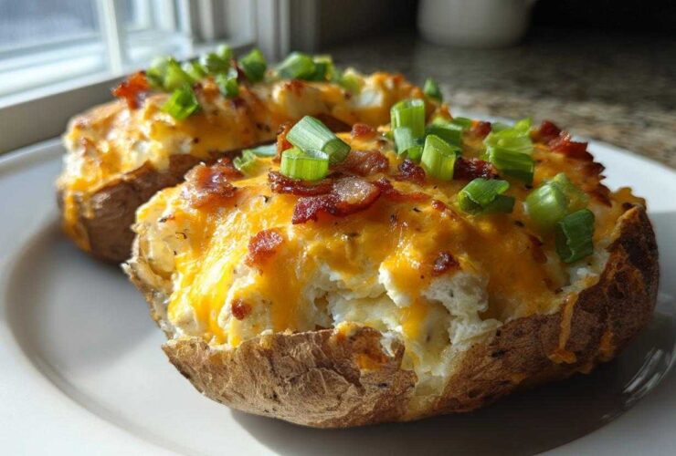 Two delicious twice baked potatoes loaded with melted cheddar cheese, bacon bits, and fresh green onions.