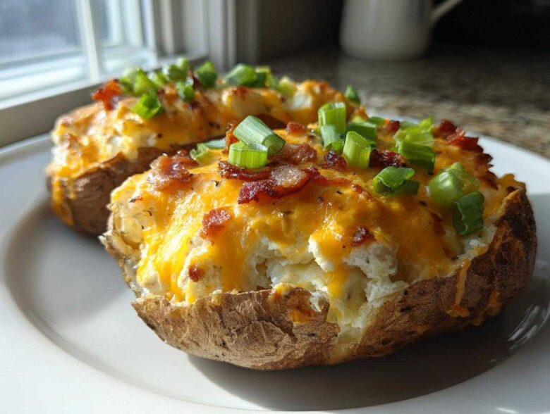 Two delicious twice baked potatoes loaded with melted cheddar cheese, bacon bits, and fresh green onions.