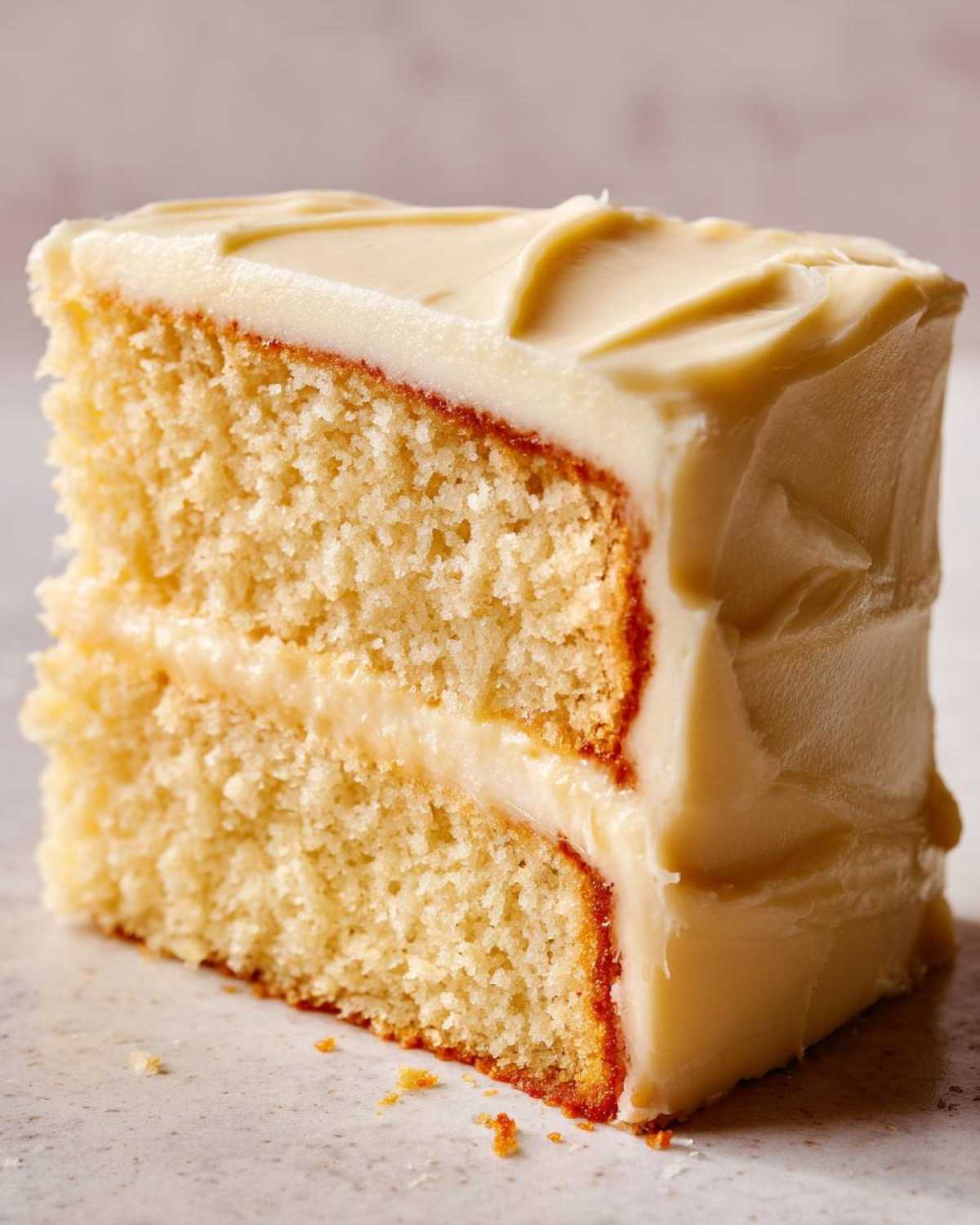 A close-up of a thick slice of moist vanilla cake recipe layered with creamy, pale yellow frosting.