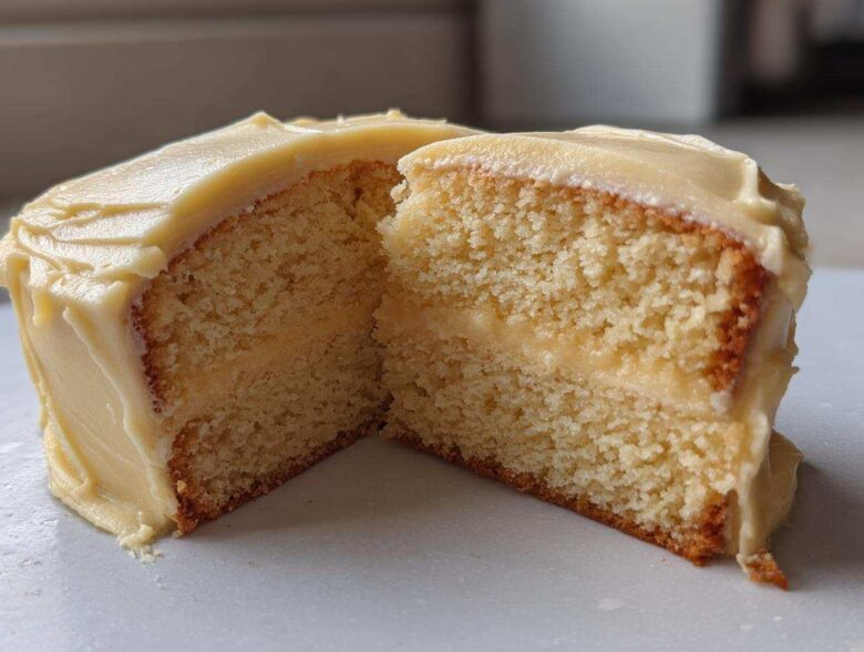 Cross-section of a moist vanilla cake recipe slice showing the fluffy crumb and thick layer of pale yellow frosting.