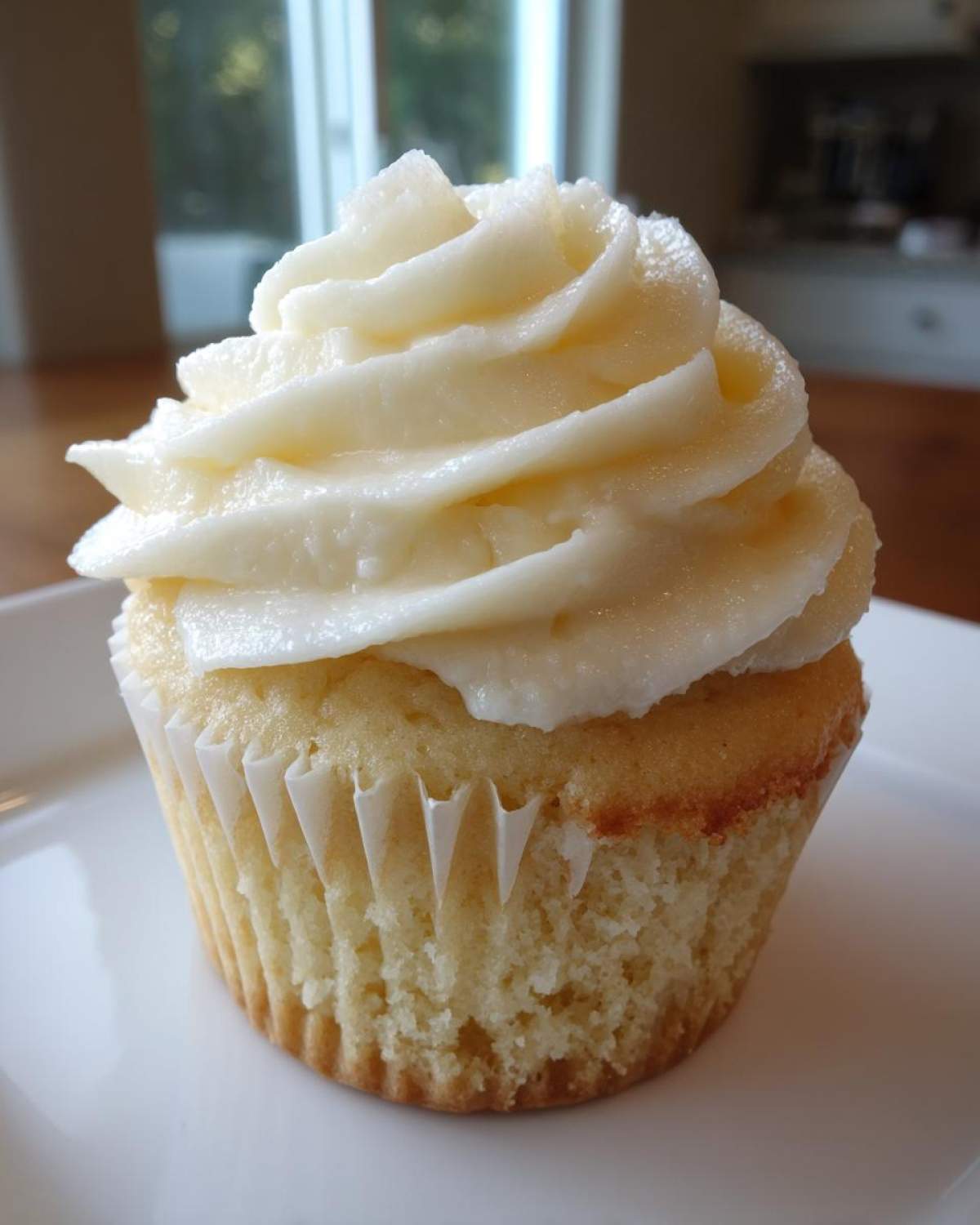 A single, moist vanilla cupcake topped with a swirl of creamy white frosting, ready to eat.