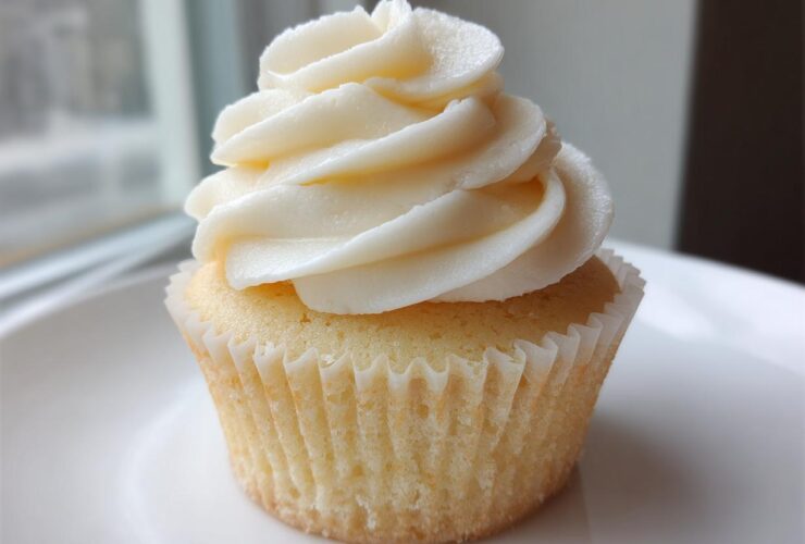 A single, perfectly baked vanilla cupcake with a tall swirl of white vanilla buttercream frosting.