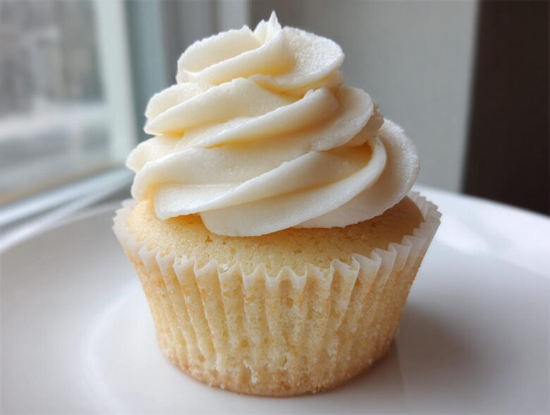 A single, perfectly baked vanilla cupcake with a tall swirl of white vanilla buttercream frosting.