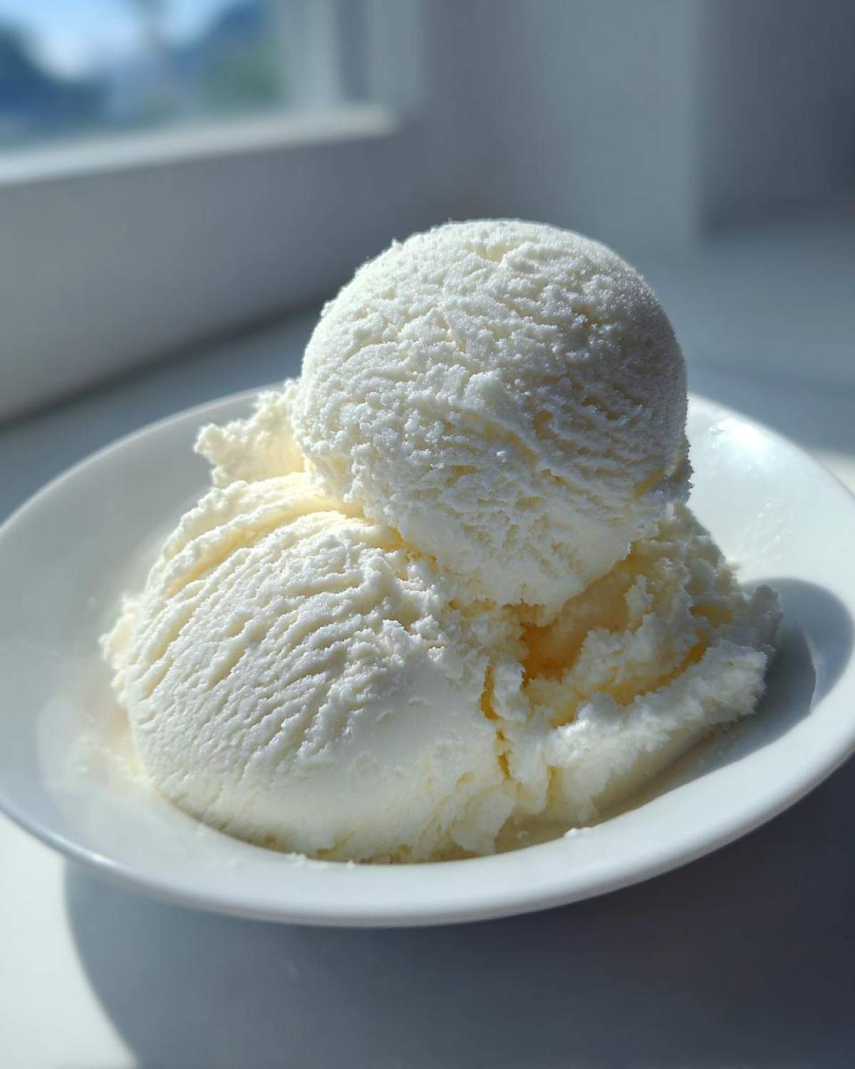 Two scoops of creamy white protein ice cream served in a small white bowl, brightly lit by sunlight.