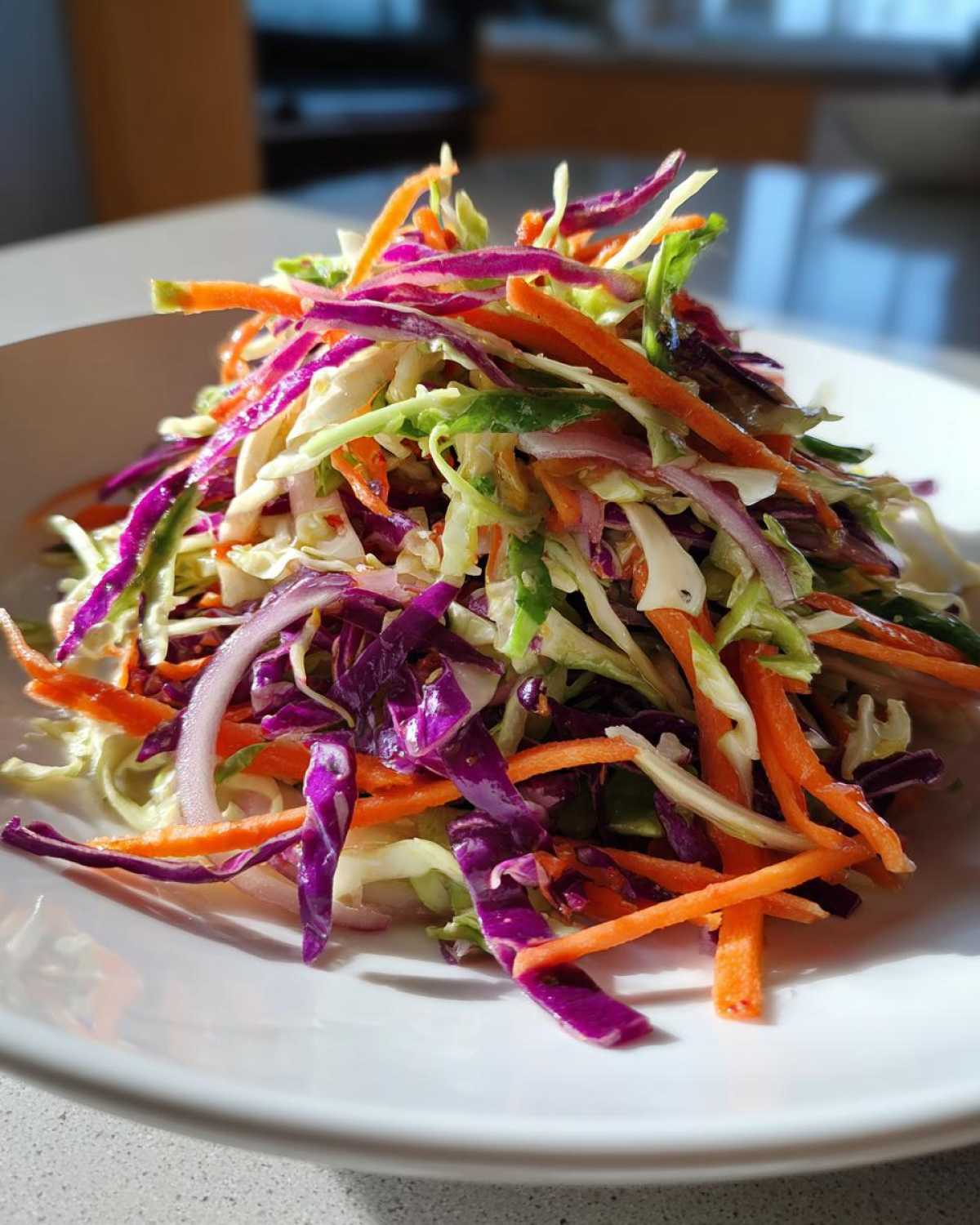Close-up of a vibrant, crunchy cabbage salad mix featuring shredded purple cabbage, green cabbage, and bright orange carrots.