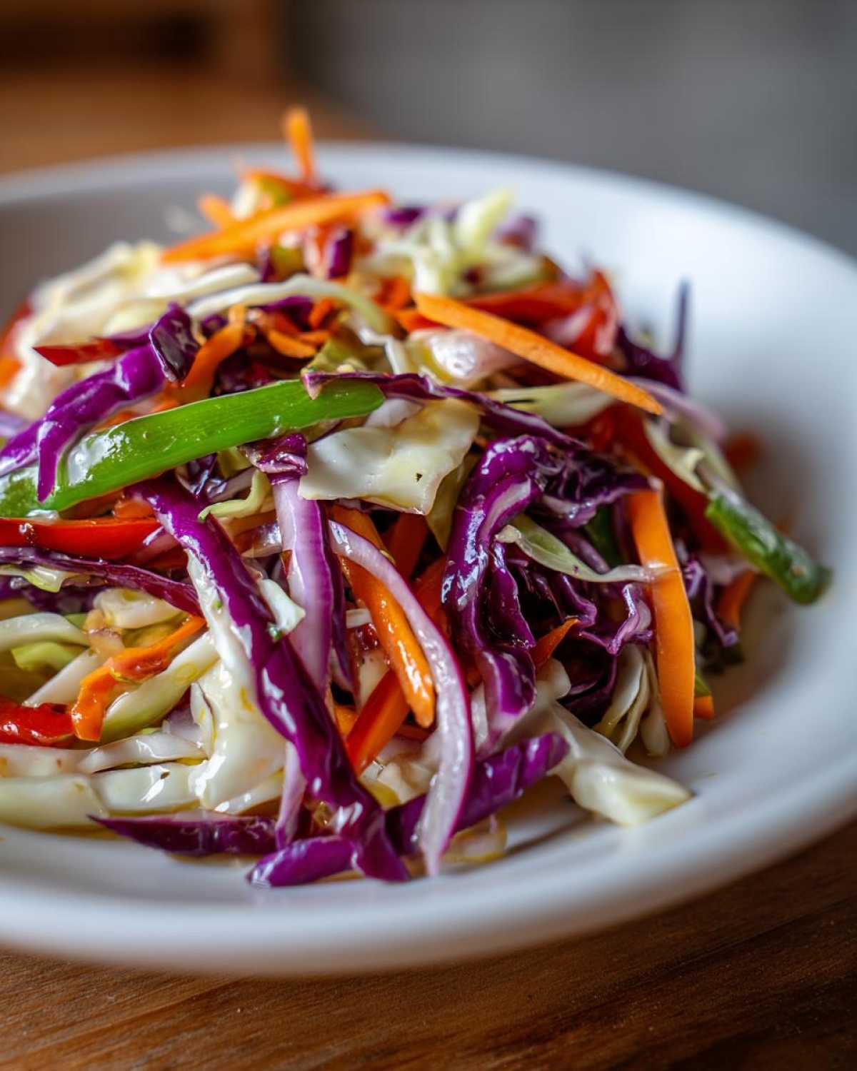 Close-up of a vibrant cabbage salad featuring shredded red and white cabbage, bright orange carrots, and green onions.