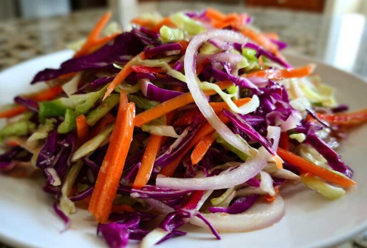 Close-up of a vibrant cabbage salad featuring shredded red cabbage, green cabbage, carrots, and sliced red onion.