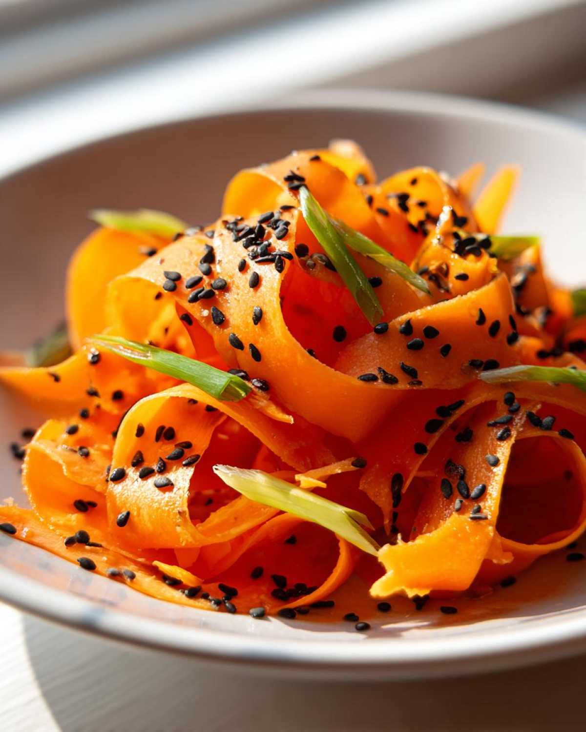 Close-up of vibrant raw carrot salad ribbons topped with black sesame seeds and sliced green onions.