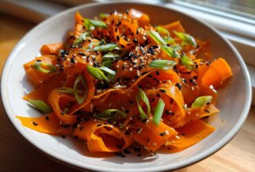 Close-up of a vibrant raw carrot salad featuring shaved carrot ribbons topped with black and white sesame seeds and sliced green onions.