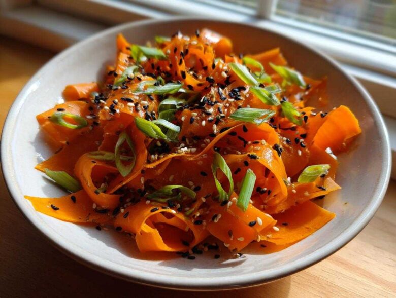 Close-up of a vibrant raw carrot salad featuring shaved carrot ribbons topped with black and white sesame seeds and sliced green onions.