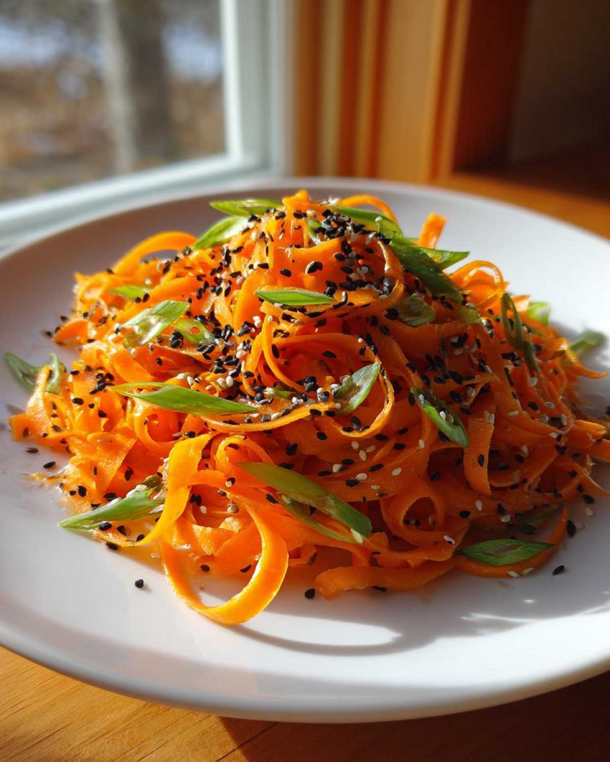 A bright plate of raw carrot salad ribbons topped with black and white sesame seeds and green onions.