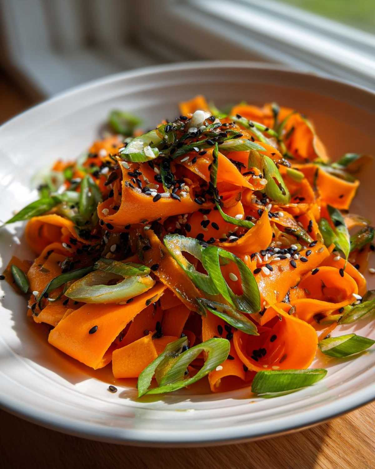 Close-up of a vibrant raw carrot salad made with shaved carrot ribbons, topped with black sesame seeds and sliced green onions.