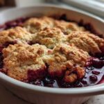 Close-up of a warm berry cobbler in a white baking dish, showing bubbling fruit filling and golden biscuit topping.