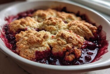 Close-up of a warm berry cobbler in a white baking dish, showing bubbling fruit filling and golden biscuit topping.