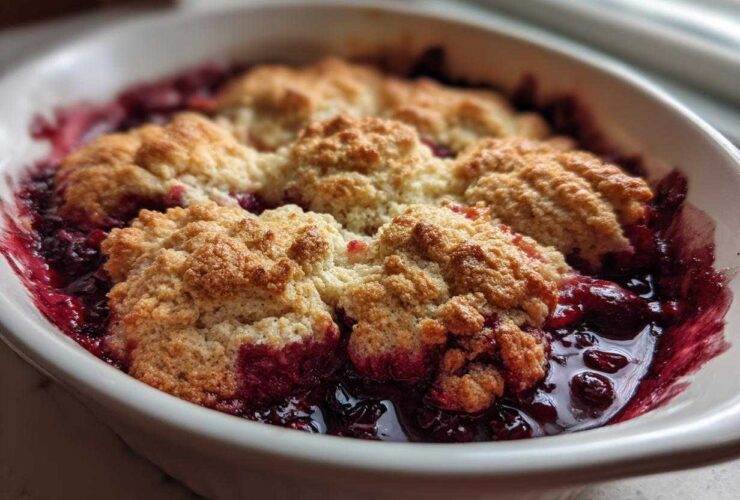 Close-up of a warm berry cobbler in a white baking dish, showing bubbling fruit filling and golden biscuit topping.