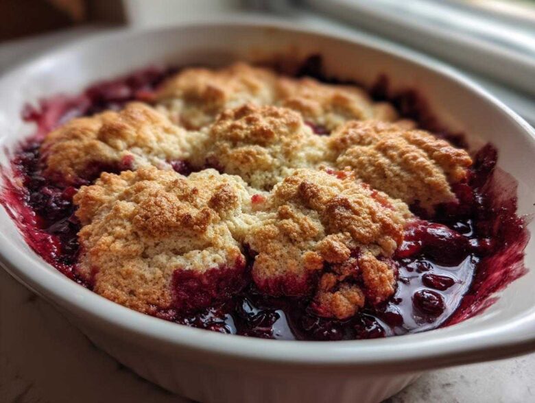 Close-up of a warm berry cobbler in a white baking dish, showing bubbling fruit filling and golden biscuit topping.
