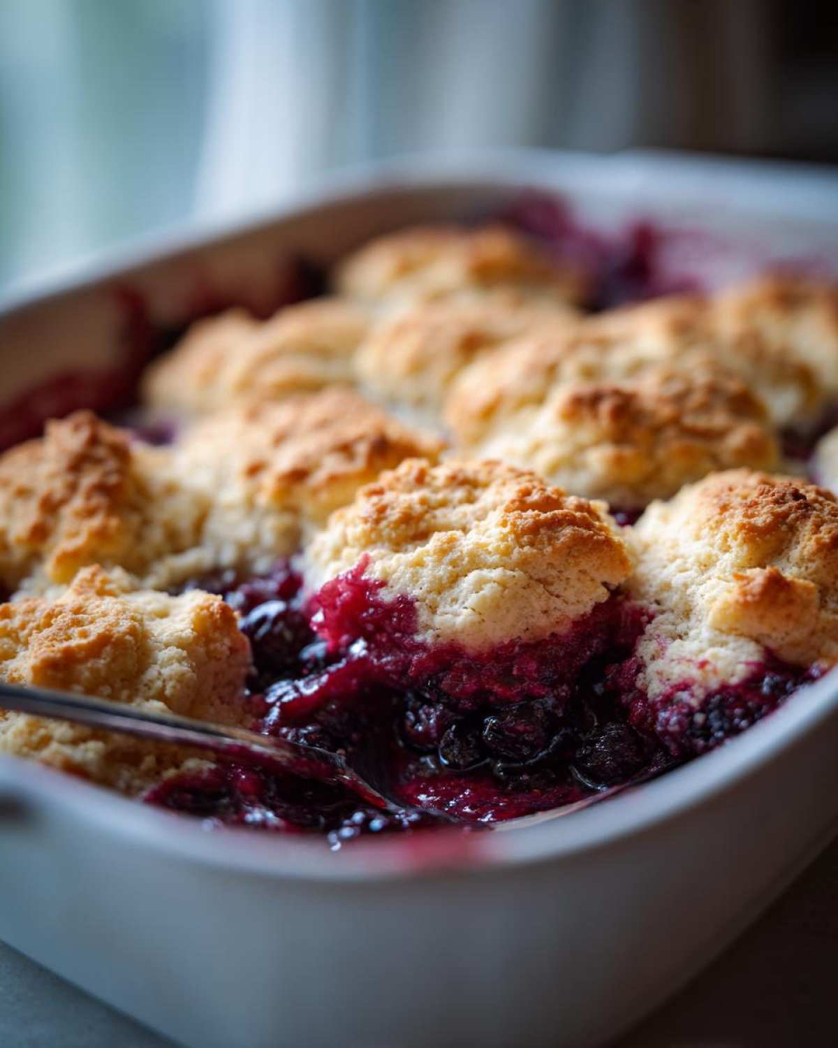 A spoonful being dug into a warm berry cobbler, showing bubbling dark purple fruit filling and golden biscuit topping.