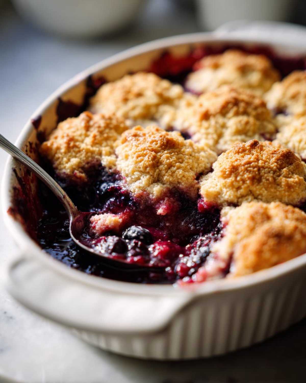 A spoonful of warm berry cobbler with golden biscuit topping being lifted from a white baking dish.