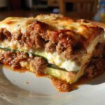 A hearty, cheesy slice of zucchini lasagna layered with meat sauce and ricotta cheese, sitting on a white plate.