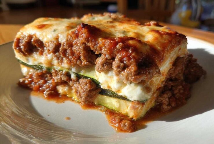 A hearty, cheesy slice of zucchini lasagna layered with meat sauce and ricotta cheese, sitting on a white plate.