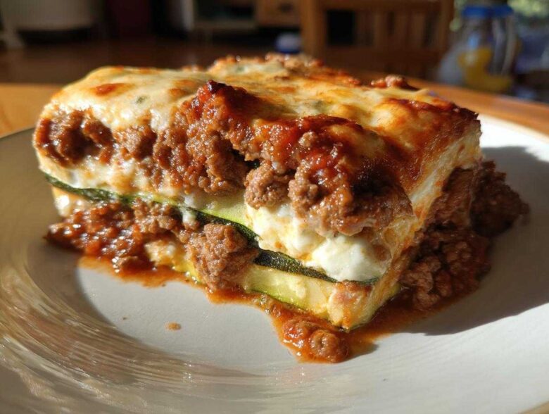 A hearty, cheesy slice of zucchini lasagna layered with meat sauce and ricotta cheese, sitting on a white plate.