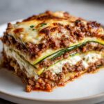 A thick, layered slice of zucchini lasagna featuring meat sauce, ricotta, and melted cheese topping.