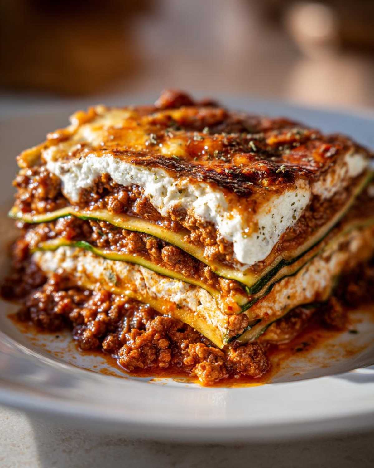 Close-up of a layered slice of zucchini lasagna featuring zucchini noodles, rich meat sauce, and creamy ricotta cheese.