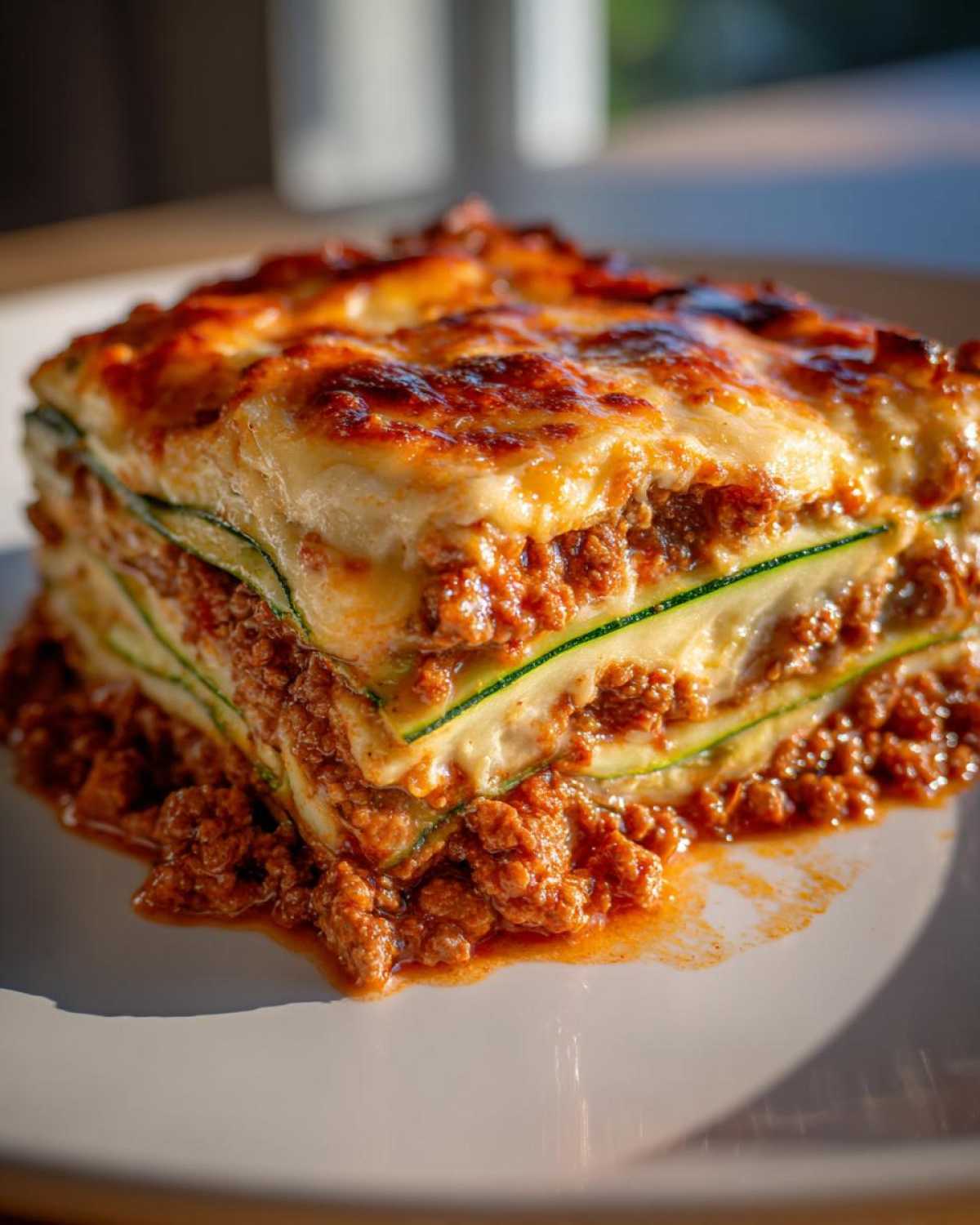 A close-up of a hearty slice of zucchini lasagna layered with meat sauce and melted cheese.