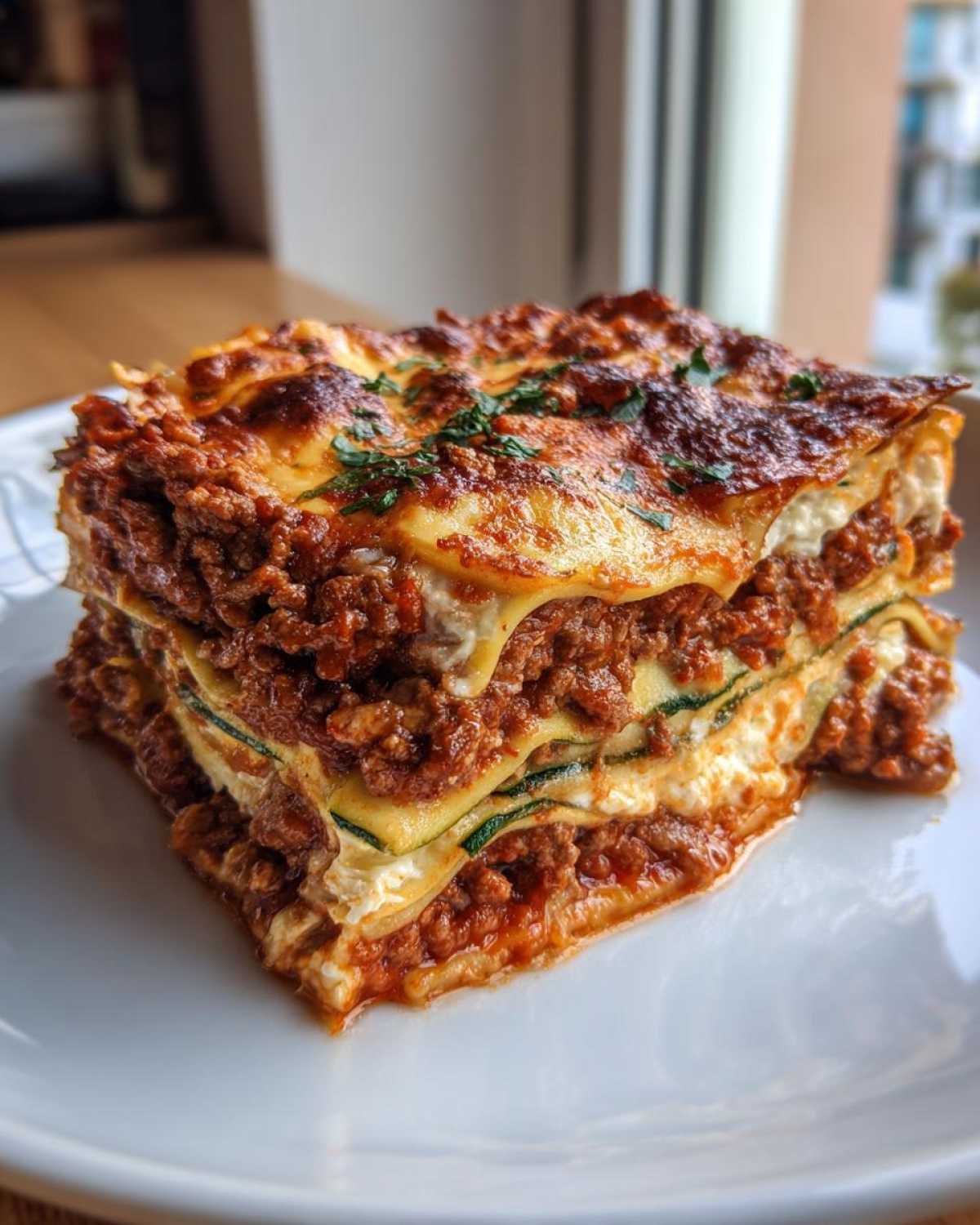 A thick, layered slice of zucchini lasagna featuring rich meat sauce and melted cheese topping.