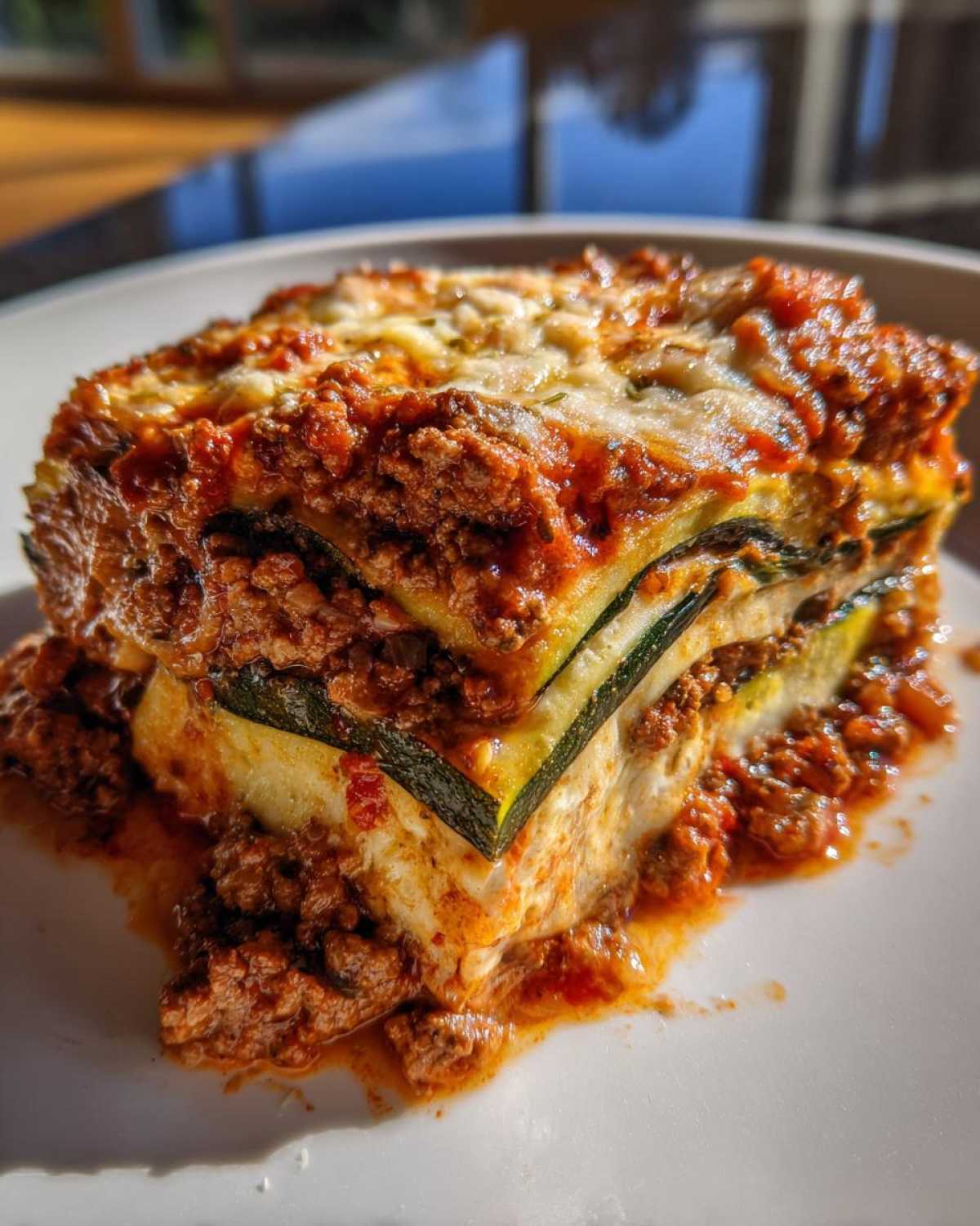 A hearty, layered slice of zucchini lasagna featuring zucchini noodles, ricotta, and rich meat sauce, topped with melted cheese.