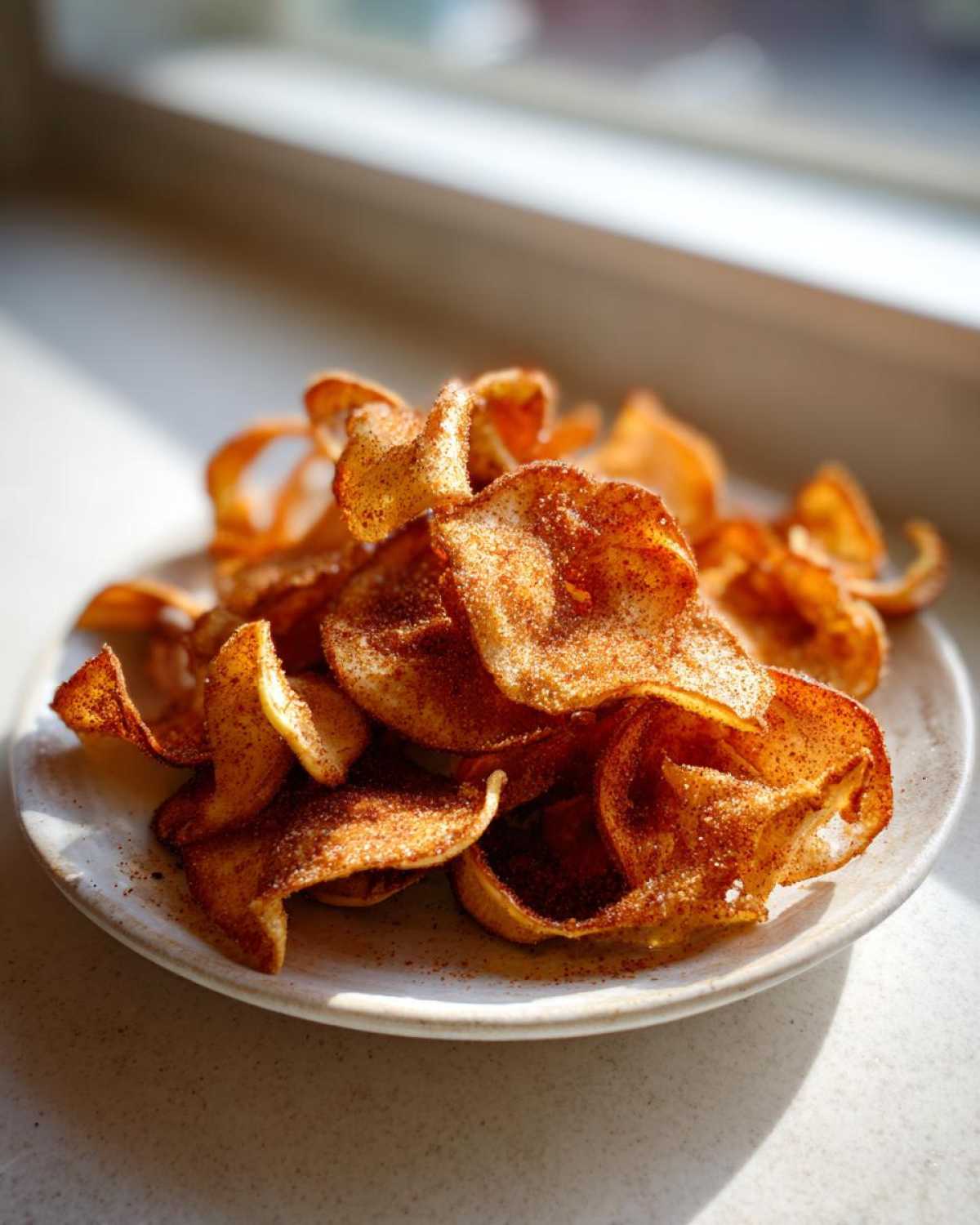 A pile of crispy Air Fryer Cinnamon Sugar Apple Chips heavily dusted with cinnamon on a light plate near a window.
