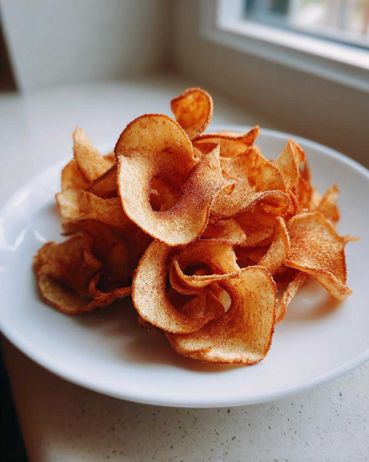 A pile of crispy, curled Air Fryer Cinnamon Sugar Apple Chips dusted heavily with spice mix on a white plate.