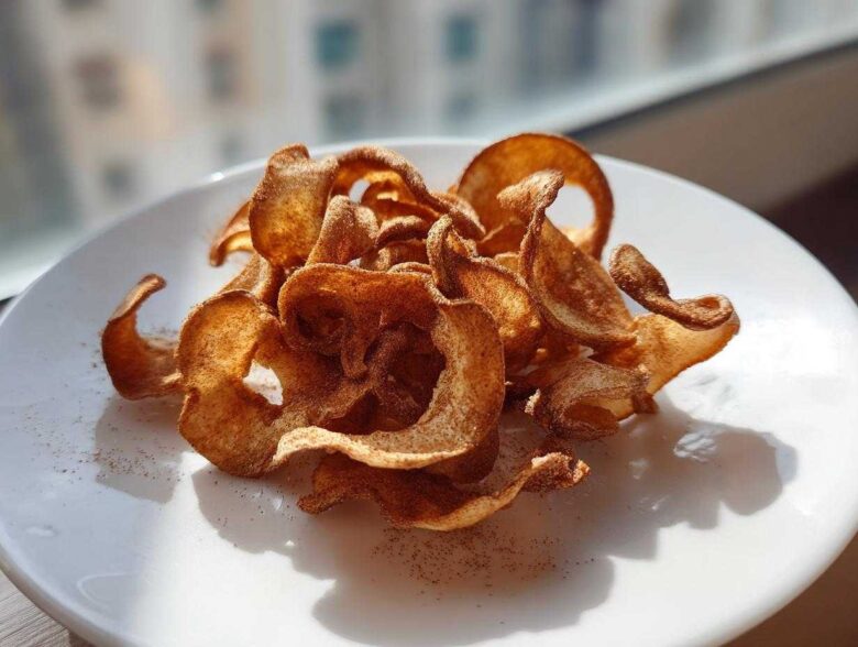 A pile of crispy, curled Air Fryer Cinnamon Sugar Apple Chips dusted with spice on a white plate.