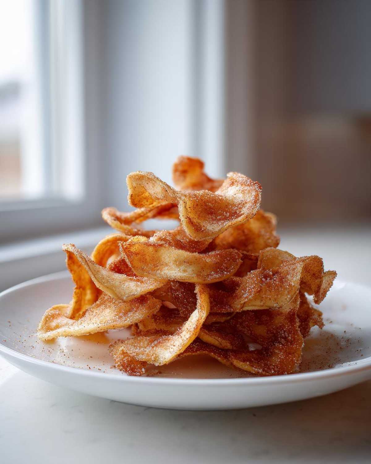 A tall stack of crispy Air Fryer Cinnamon Sugar Apple Chips dusted heavily with cinnamon and sugar on a white plate.