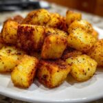 A close-up of golden brown, crispy Air Fryer Crispy Breakfast Potatoes with Paprika piled on a white plate.
