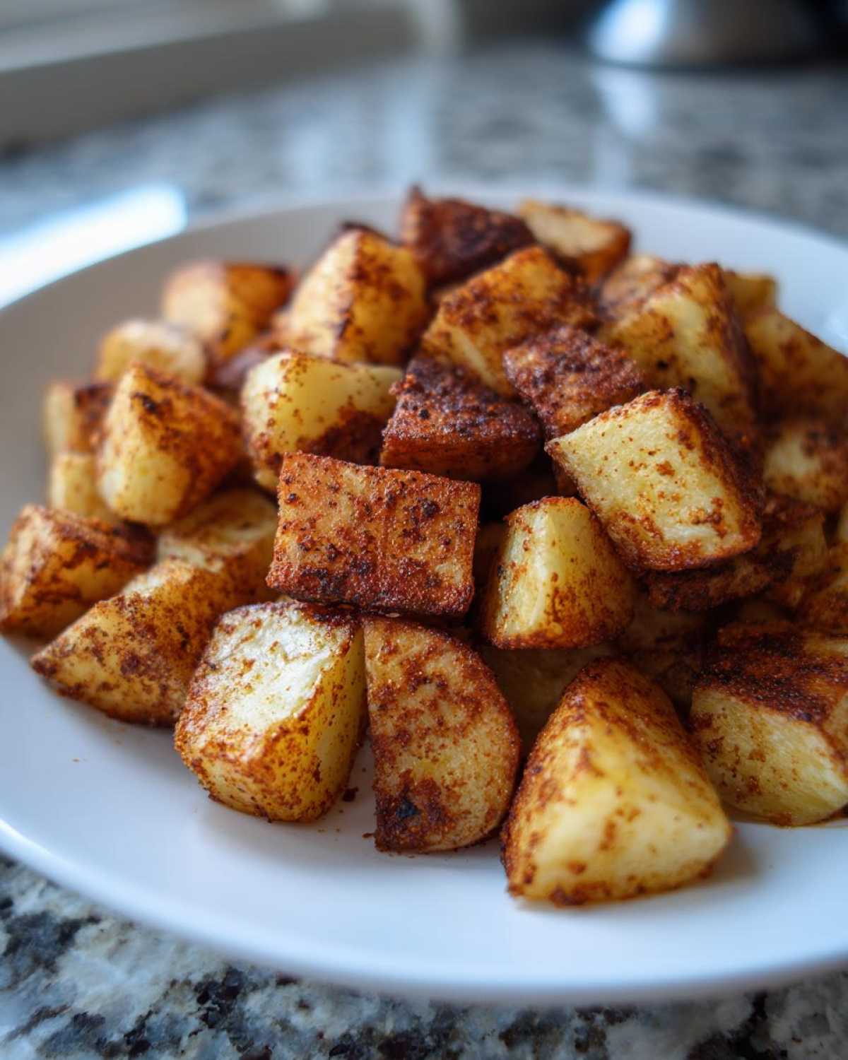 Close-up of golden, crispy Air Fryer Crispy Breakfast Potatoes with Paprika piled on a white plate.